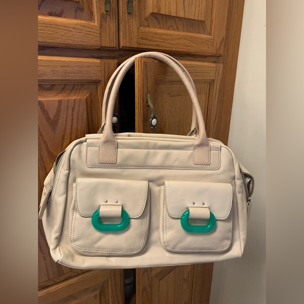Orla Kiely Stylish Cream leather Handbag with Green Accents